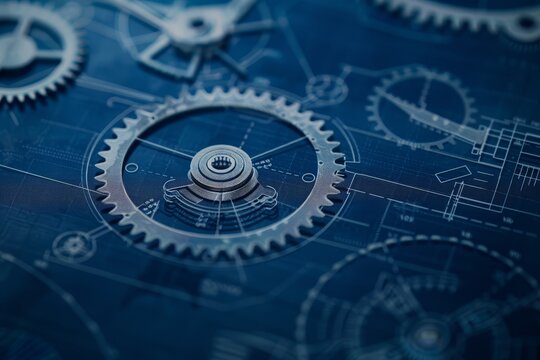 Intricate blueprint of a gear mechanism, dark blue background showcasing the detailed engineering focus on, mechanical innovation, ethereal, Composite, workshop bench backdrop