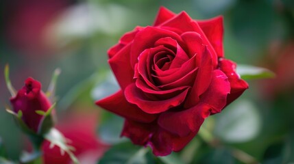 Close up image of vibrant crimson rose in bloom