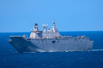 Aircraft carrier L-61 Juan Carlos I of the Spanish Navy in the bay of Gijon, Spain.