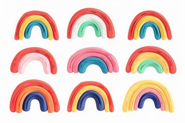 Collection of colorful rainbow-shaped stacking toys arranged in a grid on a white background. Flat lay composition for design and print. Creative and educational toy concept. Generative AI