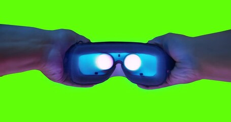 POV Green Screen Mans Hands Putting Virtual Reality Headset Innovation Exploring Reality Immersive Technologies XR VR AR MR Hybrid Reality New Technologies Future Slow Motion 8k RED