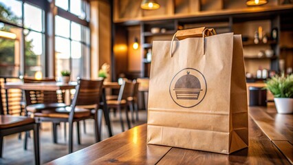 Brown paper bag with restaurant logo, filled with food order, sitting on table