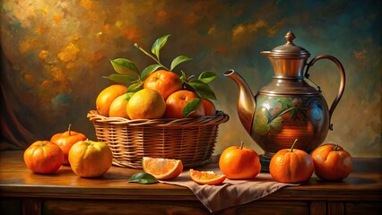 A realistic oil painting in impressionism style of a still life in orange tones