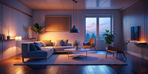 Minimalist modern living room interior with a Scandinavian style and a glow effect