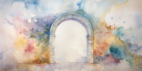 Minimalist plaster arch against a white wall, adorned with watercolor paintings