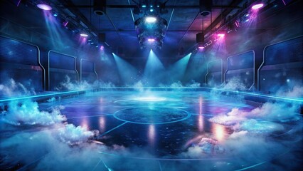 Abstract frozen hockey ice rink with smoke on dark background, studio room with neon lights and spotlights