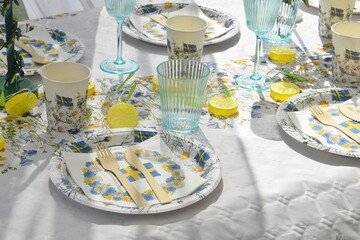 Table setting for the Midsommar holiday, with themed disposable tableware.