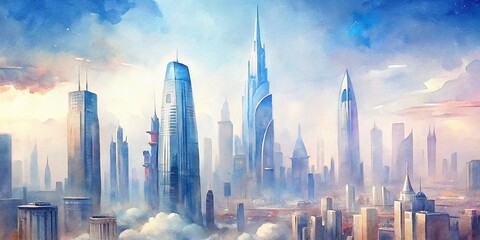 Closeup view of futuristic city skyscrapers with glossy surfaces and clear skies, captured from a drone in a high saturation watercolor style