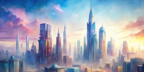 Closeup view of futuristic city skyscrapers with glossy surfaces and clear skies, captured from a drone in a high saturation watercolor style