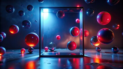 Glass morphism landing page with frame and blurry floating red spheres