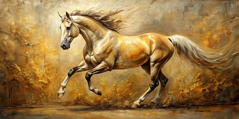 Strikingly beautiful equestrian painting with golden hues and abstract elements on oil-textured canvas