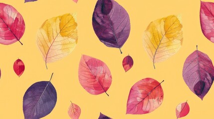 Obraz premium Minimal composition with small leaf in varying colors of sunshine yellow, tan, deep pink, and eggplant against negative space.