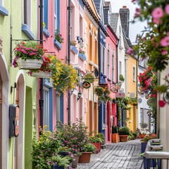 Naklejka premium Close up view of a pedestrian street with colorful houses decorated with beautiful flowers. Street photography concept