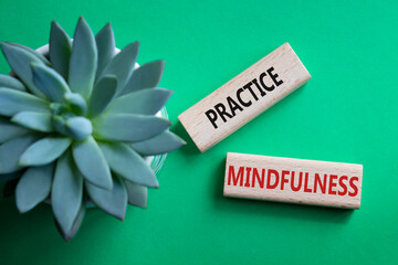 Practice Mindfulness symbol. Concept words Practice Mindfulness on wooden blocks. Beautiful green...