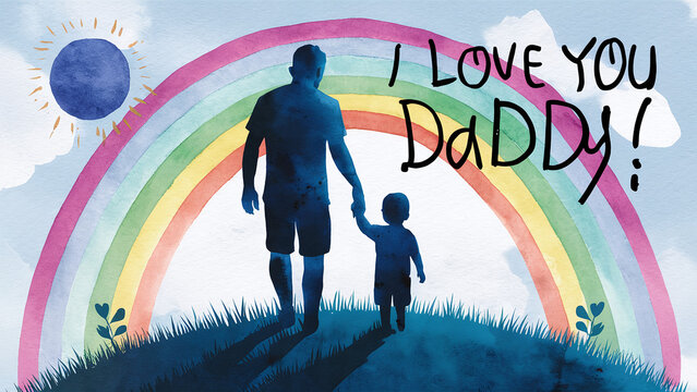 loving vector illustration of father and toddler son rear view silhouette, in the park with rainbow in the background, I love you Daddy handwritten message