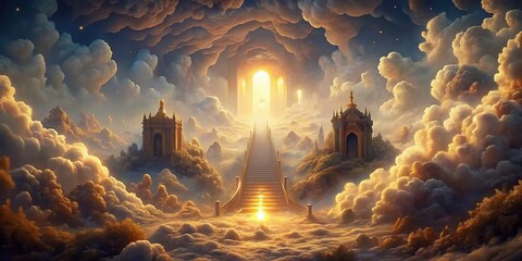 Golden Gates of heaven glowing in the clouds with a stairway to paradise