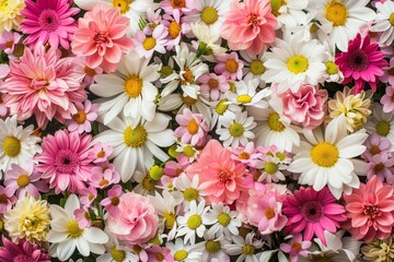 Colorful assortment of pink, white, and yellow flowers including daisies and dahlias. Floral flat lay composition for design and print. Generative AI