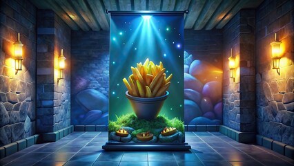 French fries chips on dark luxury stone table of restaurant kids food, panorama banner