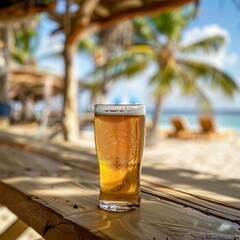 Close up view of a tasty pint of beer on the beach bar wooden table with overlooking to the ocean
