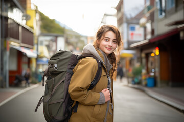 Fototapeta premium Teen pretty Japanese girl at outdoors with mountaineer backpack