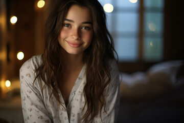 Young pretty brunette girl at indoors in a bathrobe