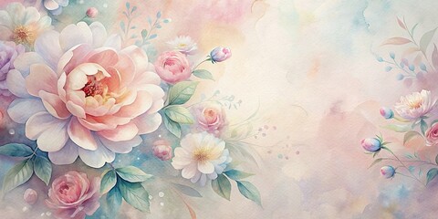 Floral background with feminine flowers in pastel colors for Mother's Day postcard, flat lay with copy space. Watercolor painting