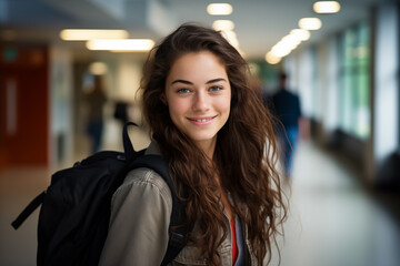 Young pretty brunette girl at indoors with a student backpack