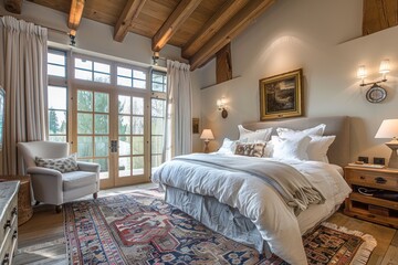 Cozy bedroom interior with rustic wooden beams, elegant furniture, and a large window with forest view. Design for interior decoration, cozy home concepts.