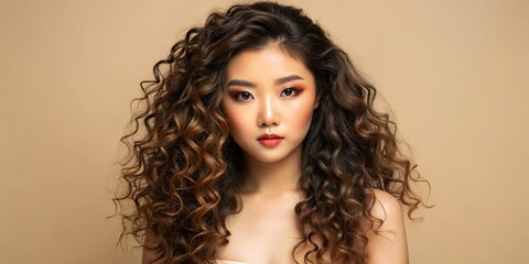 Young Asian beauty woman with curly long hair and flawless skin on beige background
