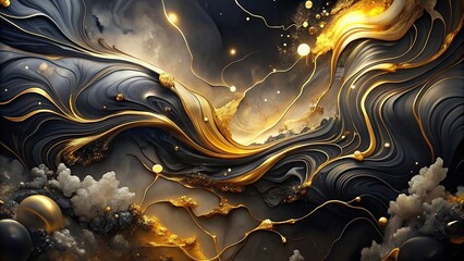 Abstract gold black art paint pattern marble, ink texture watercolor, luxury design nature black brush oil splash water painting wallpaper, glow