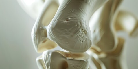 Obraz premium Ultrarealistic 3D model of a human knee joint highlighting detailed bone structure copy space, medical education, ethereal, Multilayer, surgery room backdrop