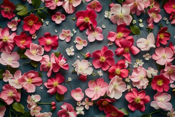 Pink and red flowers with green leaves on a dark textured background. Springtime and nature concept. Design for greeting card, invitation, poster, wallpaper. Flat lay composition. Generative AI