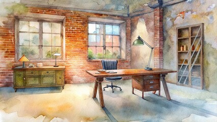 Warm industrial home office with large wooden desk, exposed brick walls, and mid-century modern furniture, in watercolor style