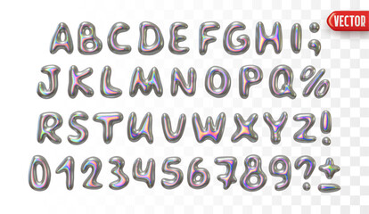 Holographic font set in metallic colors realistic 3d design, featuring uppercase letters, numbers, and special characters. Liquid metal chrome shaped alphabet. Vector illustration