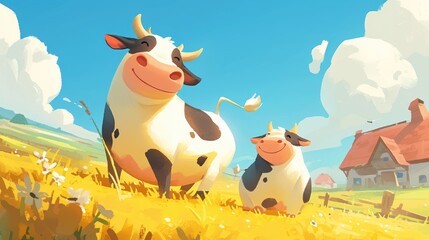 Two jovial cartoon cows frolicking in the meadow