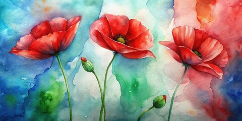 Red poppy flowers on Italy flag background for Liberation Day holiday celebration, watercolor