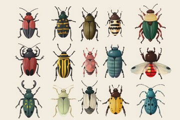Illustration of various beetles in different colors and patterns on a light background. Detailed vector art for design and print. Generative AI
