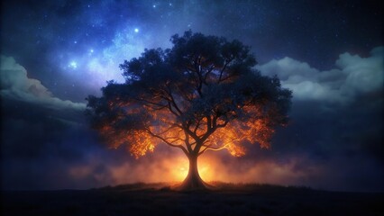 Fototapeta premium Silhouette of a glowing tree against a dark sky