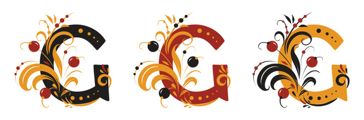 The letter g in the old Russian style in three versions with beautiful curls. Traditional Russian floral motifs. For monogram, invitations, wedding, decoration.