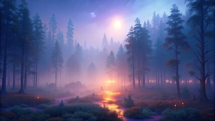 Gradient calming nature foggy forest view with a soft glow