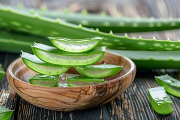 Fresh Aloe Vera Gel Slices in a Wooden Bowl on Rustic Background for Natural Skincare. Ayurveda, ayurvedic herbs, Generative AI