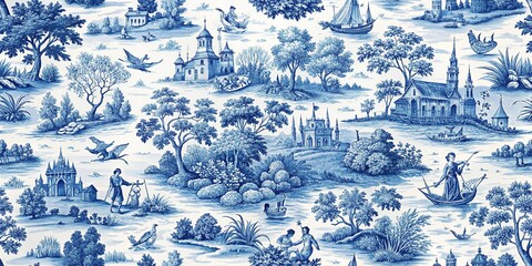 Blue and white toile de jouy seamless pattern featuring travel scenes