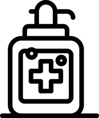 Obraz premium Black outline vector icon of a hand sanitizer bottle with a medical cross, isolated on white