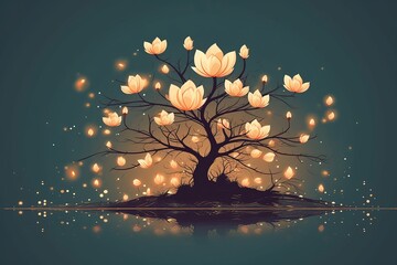 Illustration of lotus tree flowers for Vesak Day Greeting card , Vesak Day Background Wallpaper