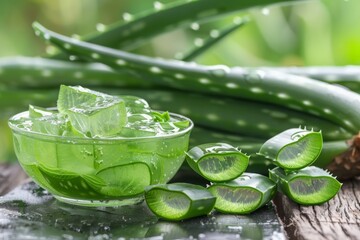 Obraz premium Fresh aloe vera gel in a glass bowl with sliced aloe leaves on a wooden surface. Ayurveda, ayurvedic herbs, Generative AI