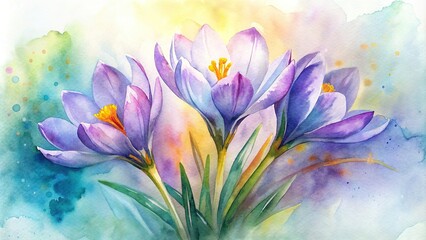Watercolor greeting card with vibrant crocuses on white background, perfect for spring celebrations
