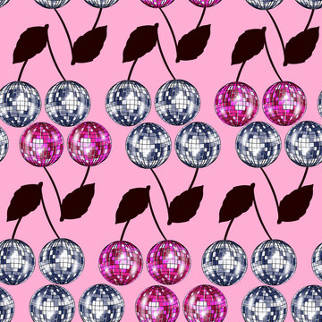 DISCO BALLS COQUETTE CHERRY SEAMLESS PATTERN ON PINK BACKGROUND 