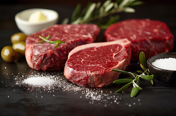 raw beef steak on wooden board