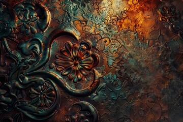 Close-up of intricate embossed metal artwork with floral designs in warm, rustic tones