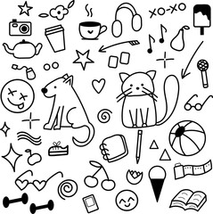 Outline of cute doodle simple elements for stationery. Hand drawn doodles